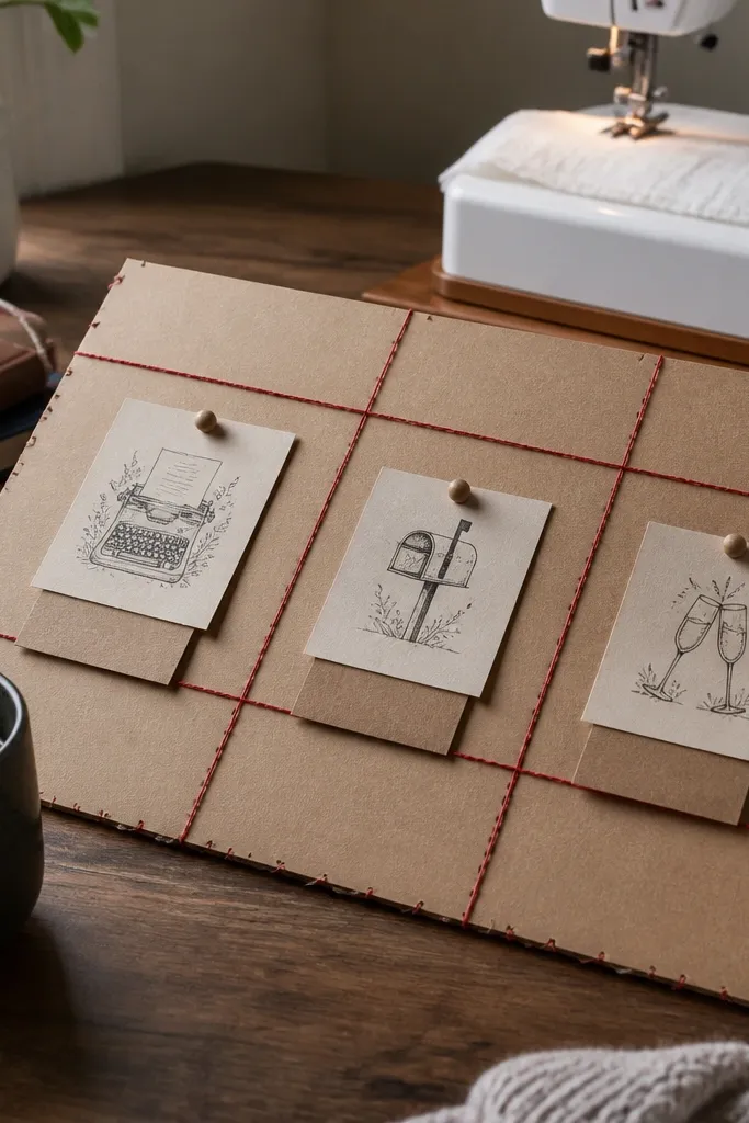 Kraft paper grid with red thread lines connecting goal photos