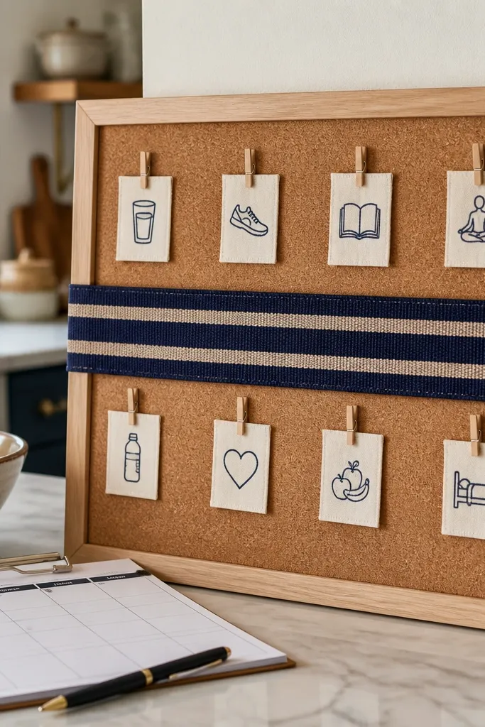 Fabric ribbon banner across a board with weekly photos and label cards