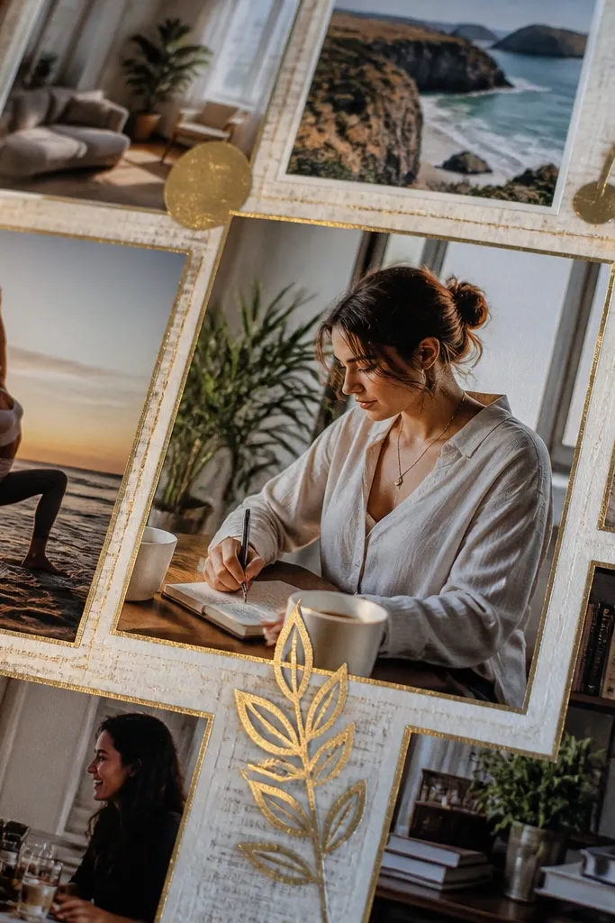 A board with book pages background and gold outlined photos and icons