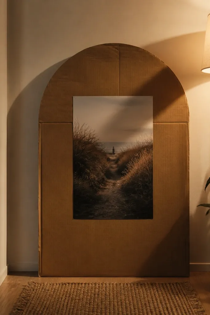 Recycled cardboard arch frame with a large center and smaller side photos