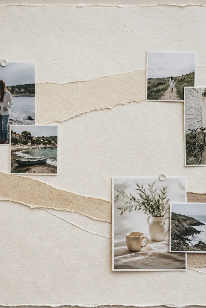 Handmade paper strip collage with large blank areas and centered goal photos