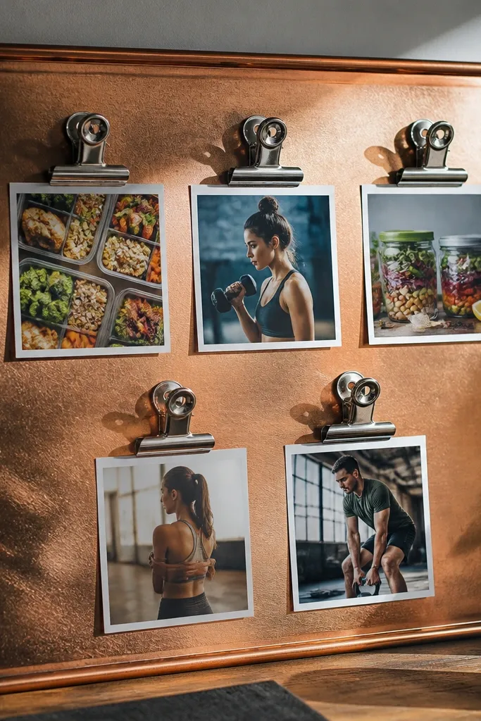 Small photos clipped to a board using metal clips with an upcycled tin look