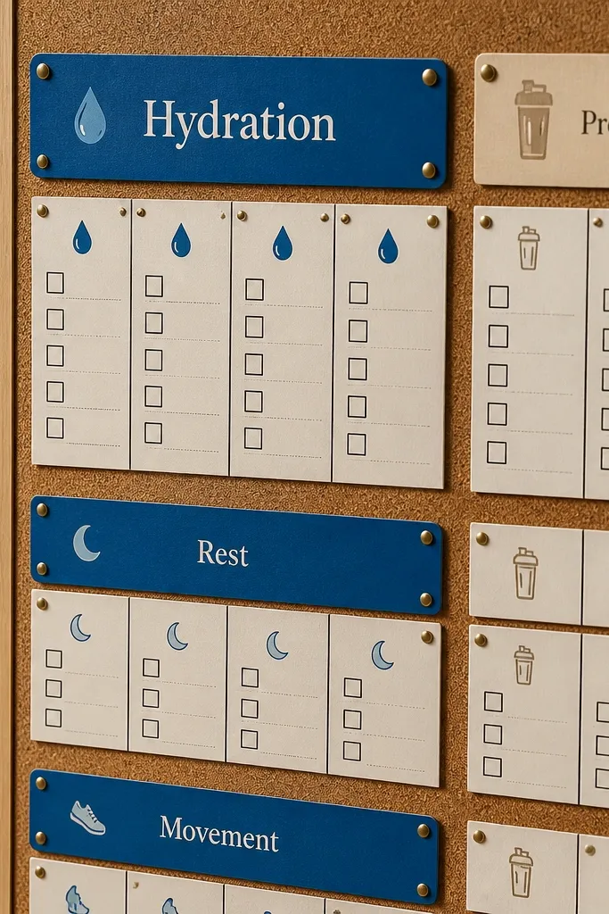 A board with hydration and protein checklists and small icons.