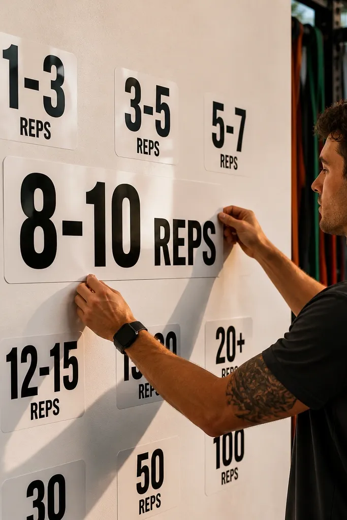 A sticker wall board with rep targets for strength training days.