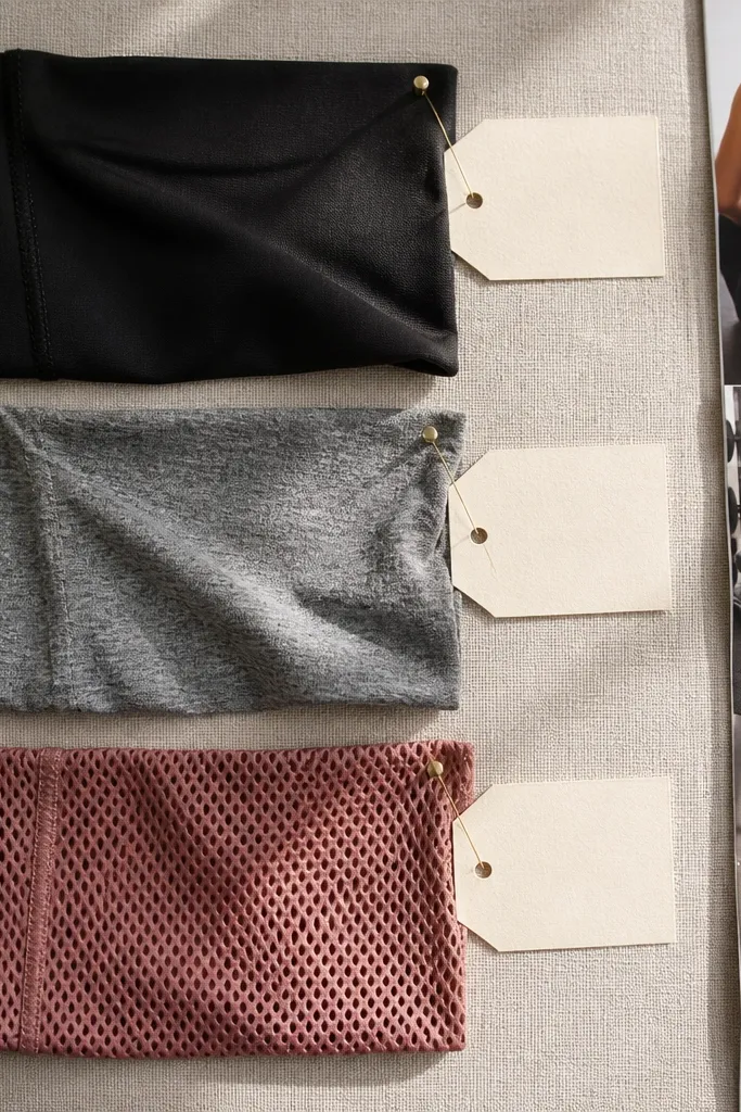 Fabric swatches of workout outfits with labeled cards on a board.
