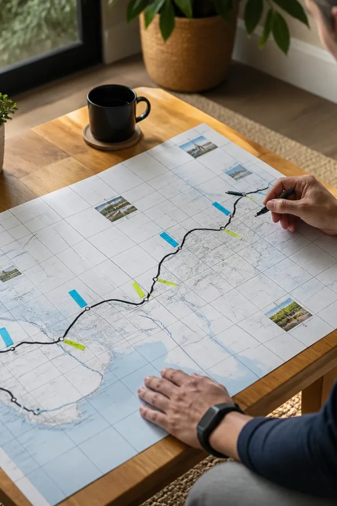A map board with marked routes and distance labels for running or walking.