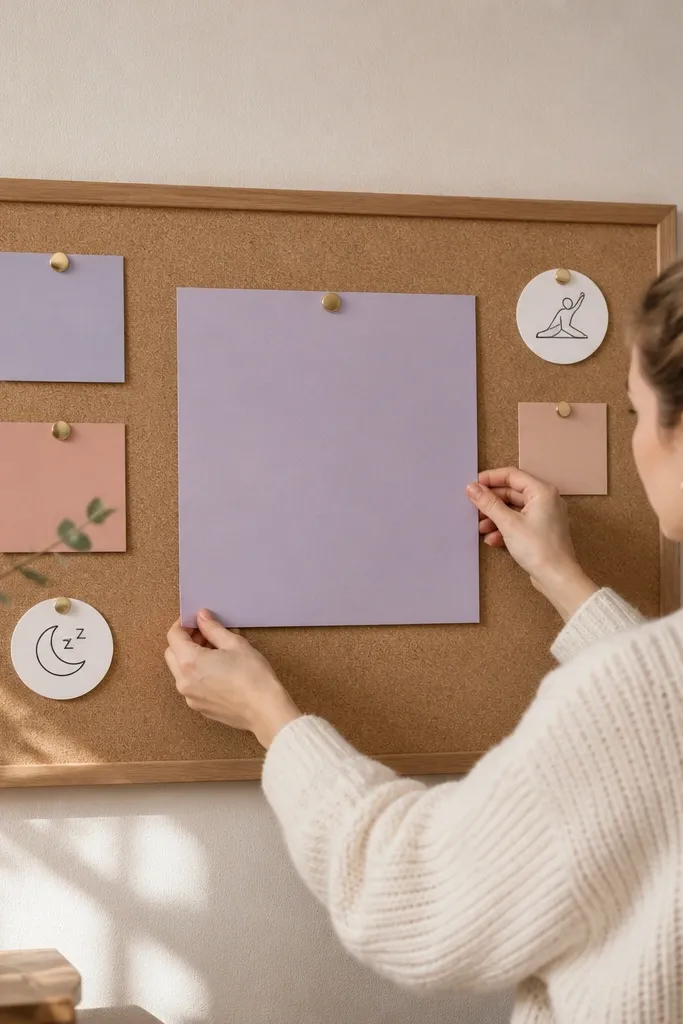 A recovery board with sleep cards and stretch prompts in soft colors.
