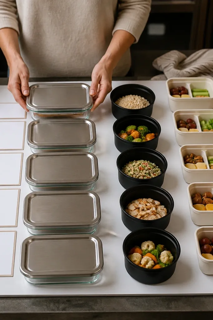 A meal prep board with container photos and labeled meal cards.