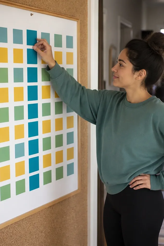 A calendar board with color-coded habit tiles for workouts and habits.