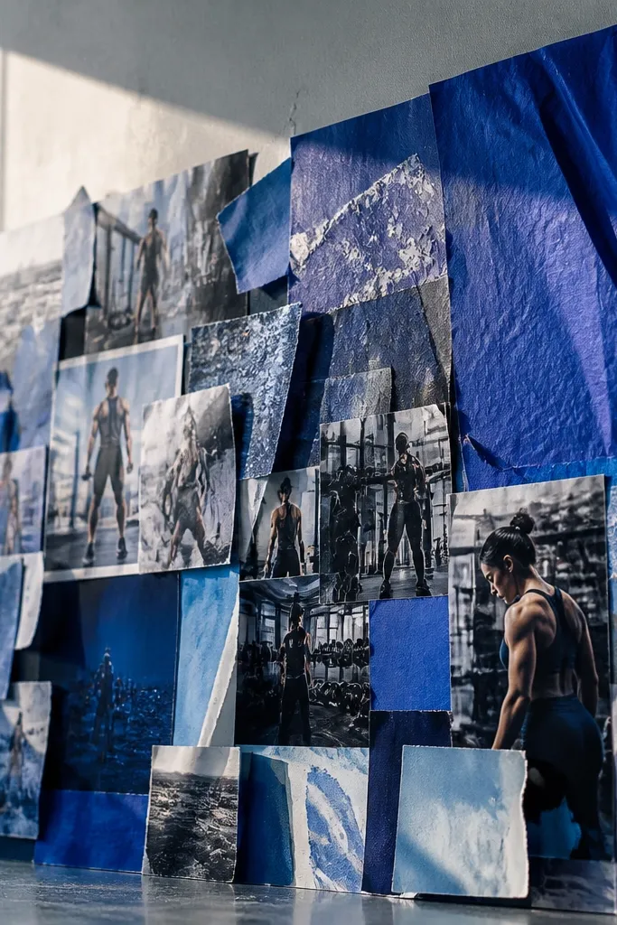 A collage board with cutout fitness images in one dominant theme color.
