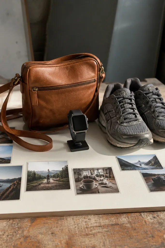 A board with small mounted gear items and a clean still life layout.