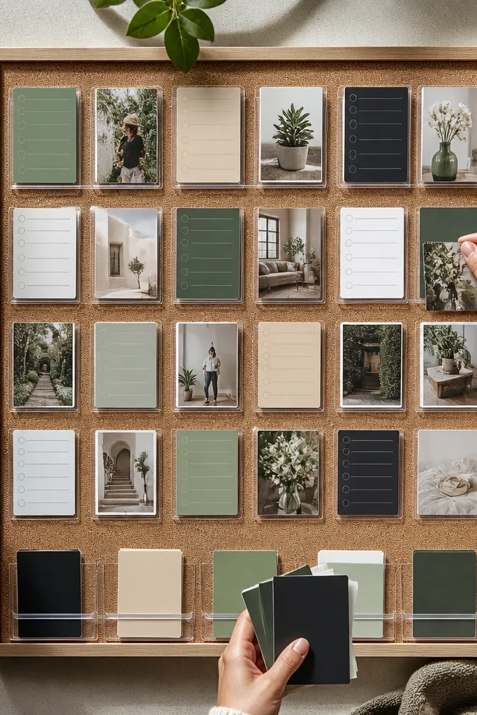 A corkboard with clear pockets holding weekly workout and nutrition cards.