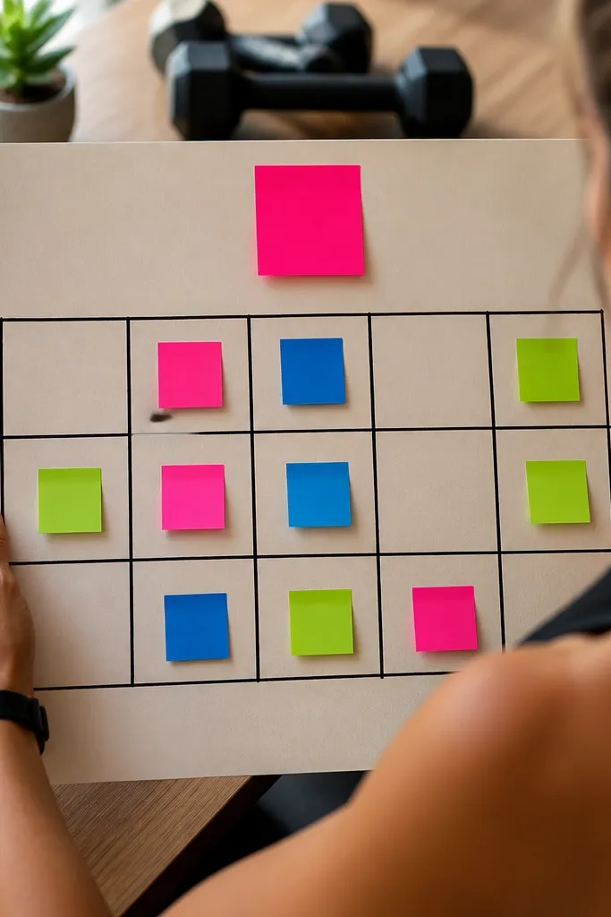 Countdown grid board with timer numbers and sticky notes for each workout step