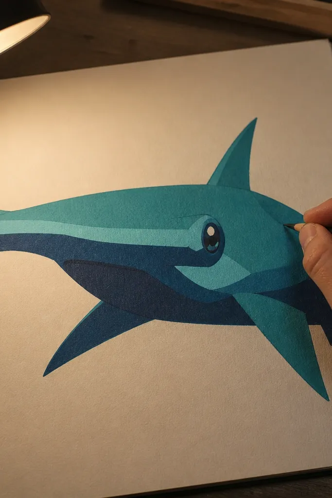 Hammerhead shark with bright neon head bar and three clean color blocks