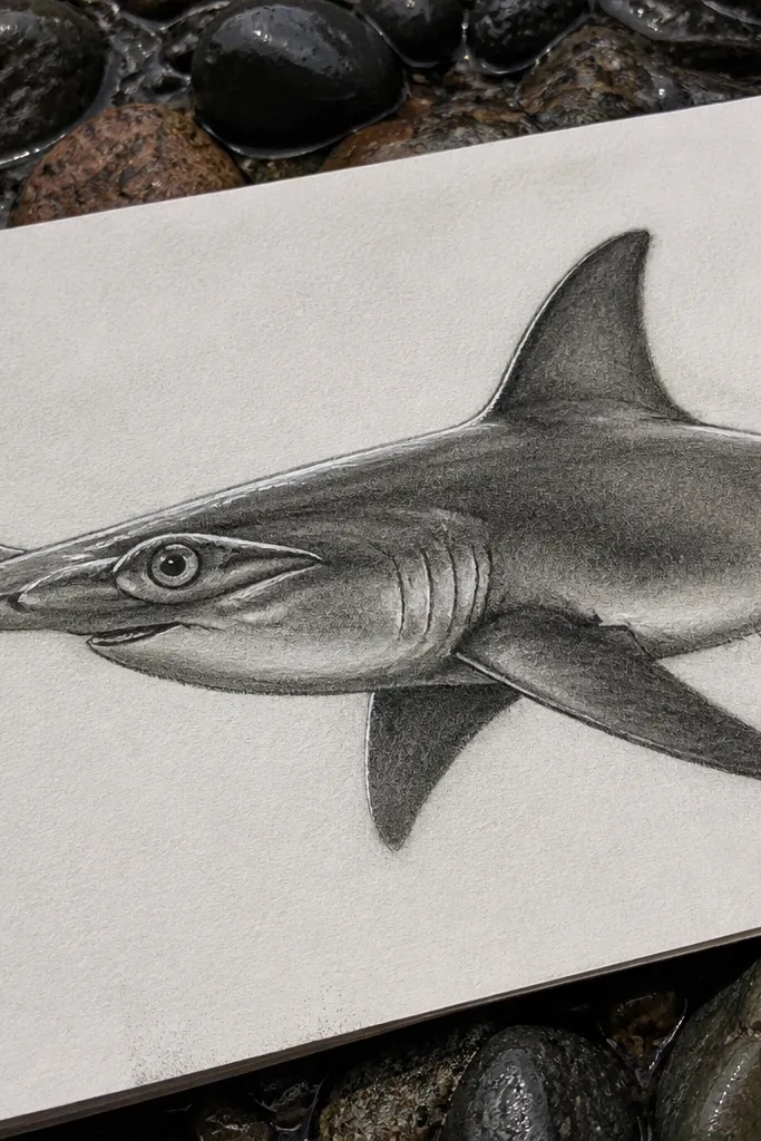 Side profile hammerhead with charcoal shading and white highlight strokes