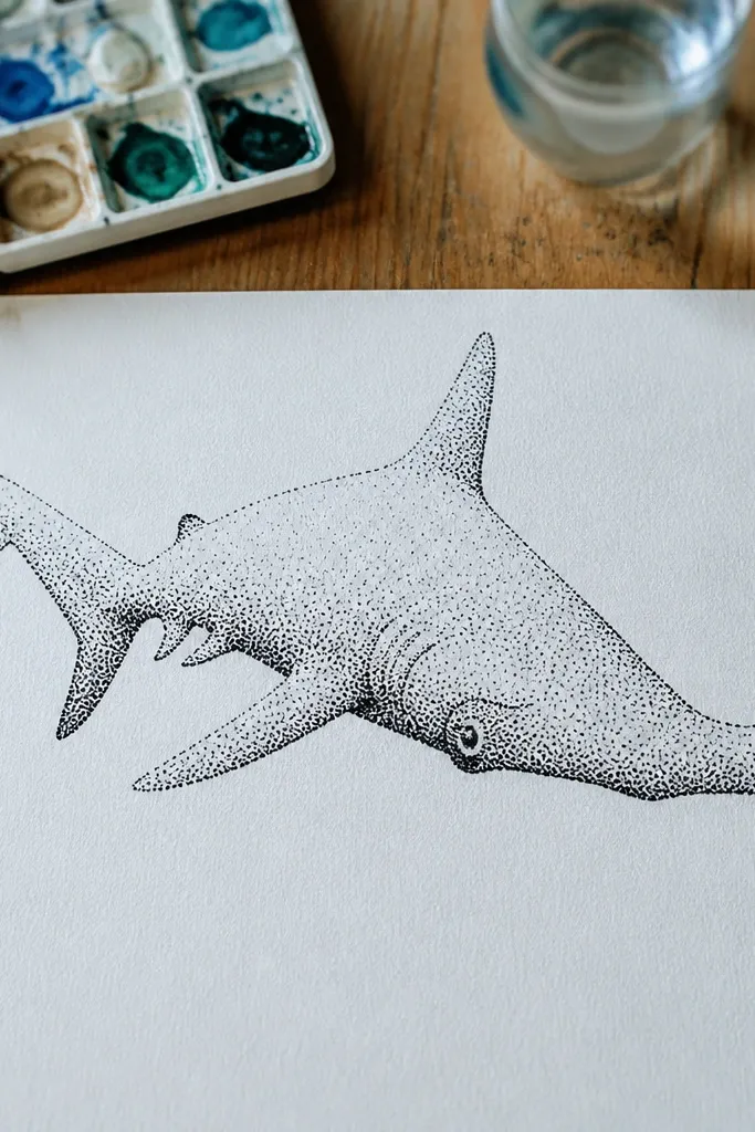 Hammerhead shark filled with dotwork patterns and a clean outline