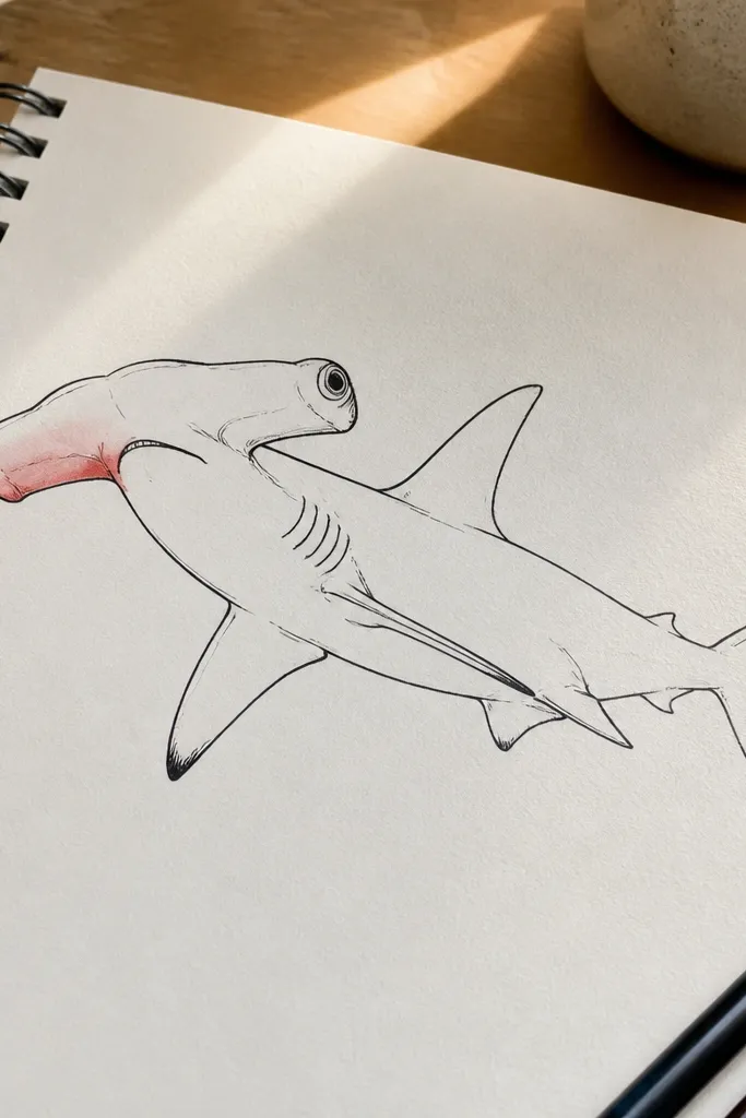 Minimal line drawing of a hammerhead with one colored splash near the head