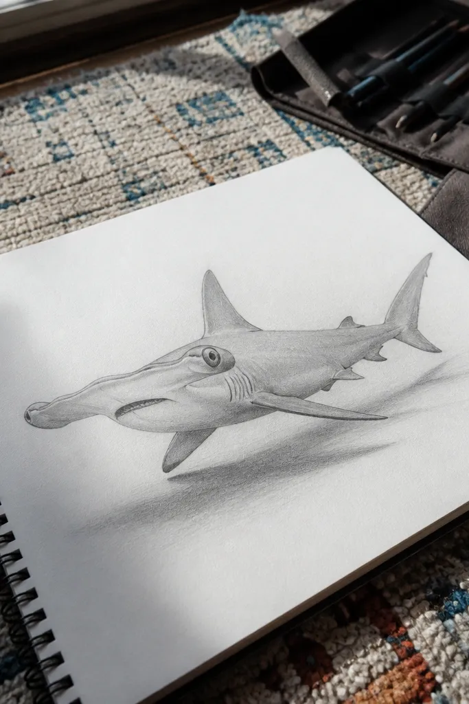 Hammerhead shark drawn from a slight overhead angle with twisted head bar