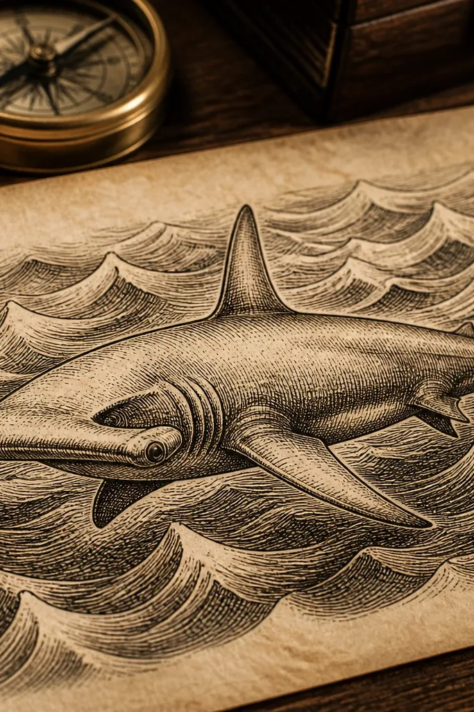 Hammerhead shark in vintage engraved style with crosshatch shading