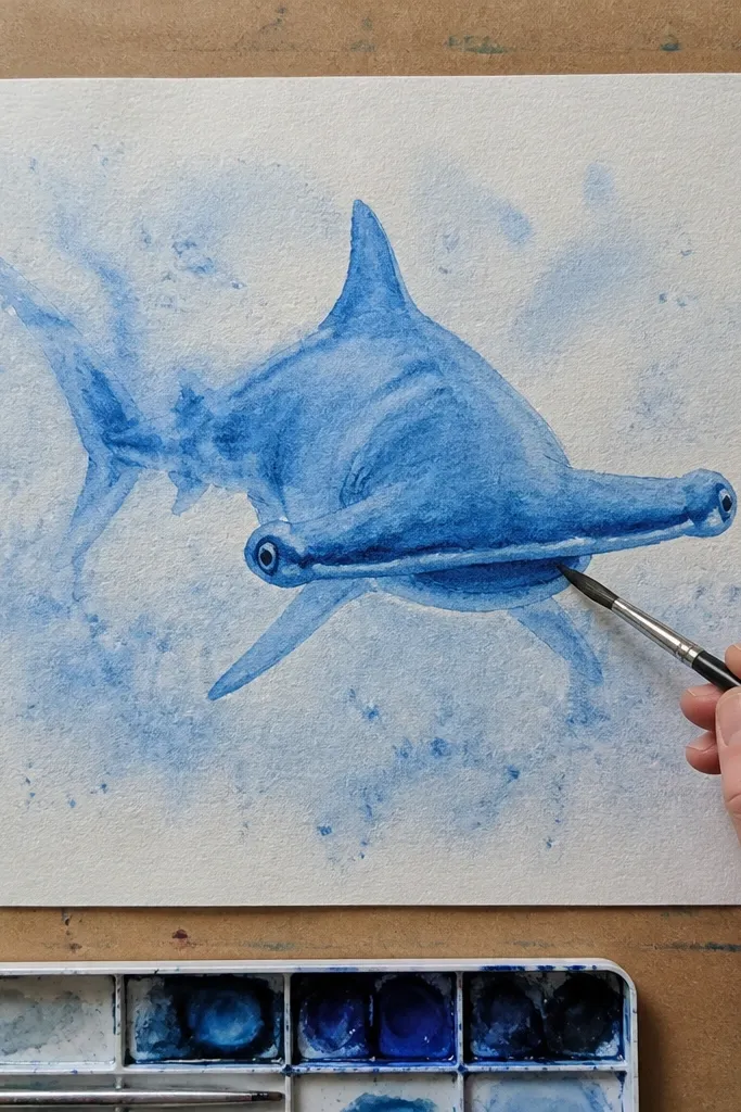 Hammerhead shark with soft watercolor washes and speckle texture behind