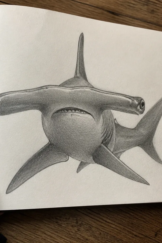 Hammerhead face study with graphite smudges and smooth value gradients