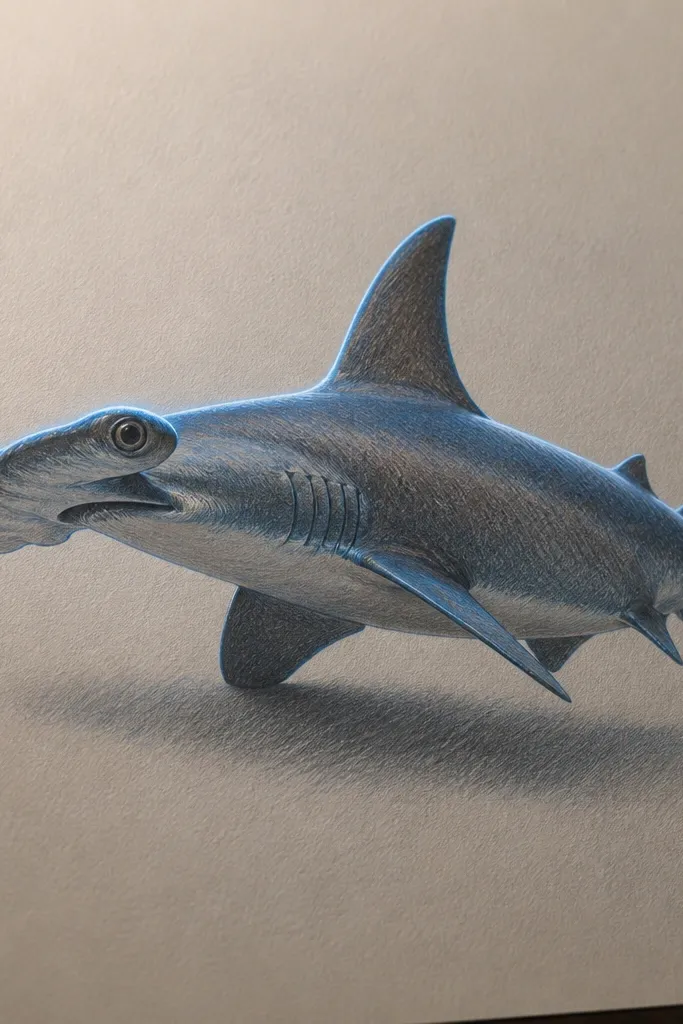 Hammerhead shark with rimlight glow and hard-edged shadows in color pencil
