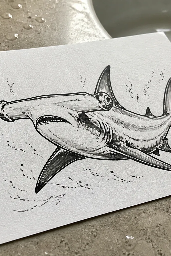 Hammerhead shark drawn with brush pen and small water droplet marks