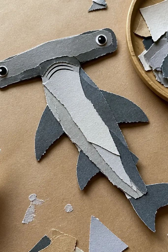 Hammerhead shark collage with torn paper edges and layered head bar shapes