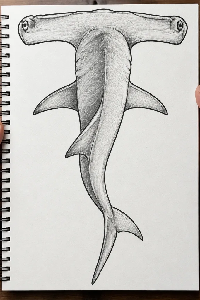 Hammerhead shark drawn large with a bold margin frame and minimal background
