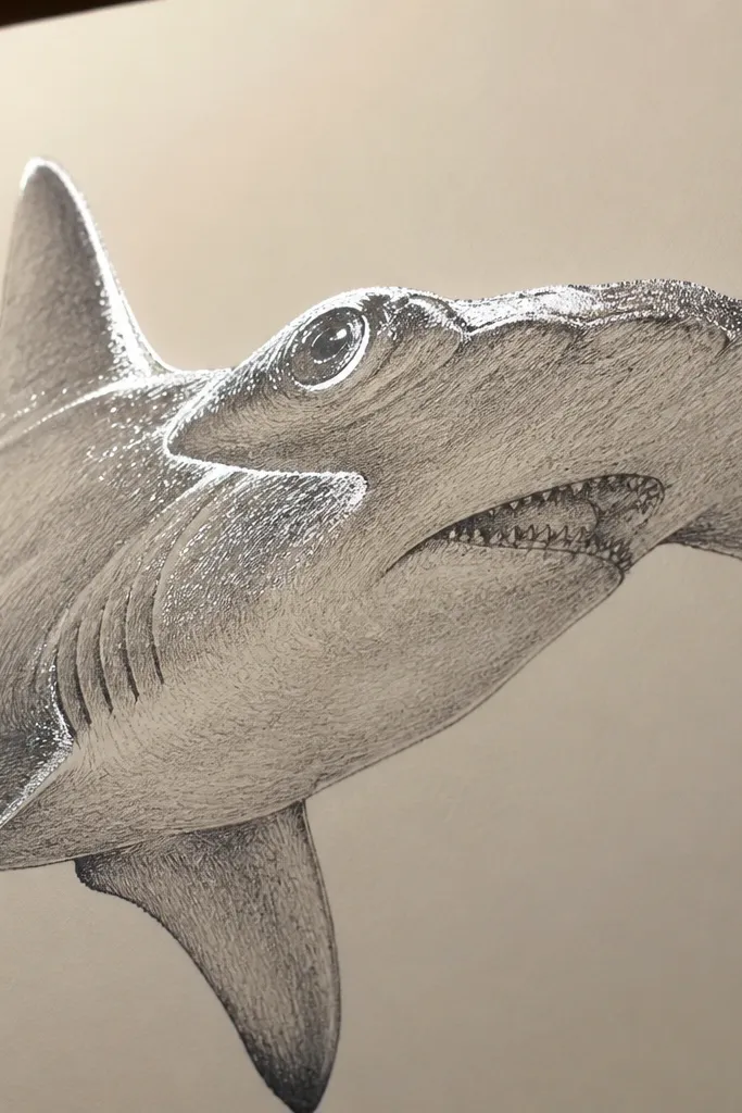 Hammerhead shark with metallic-looking highlights on the head bar and fins