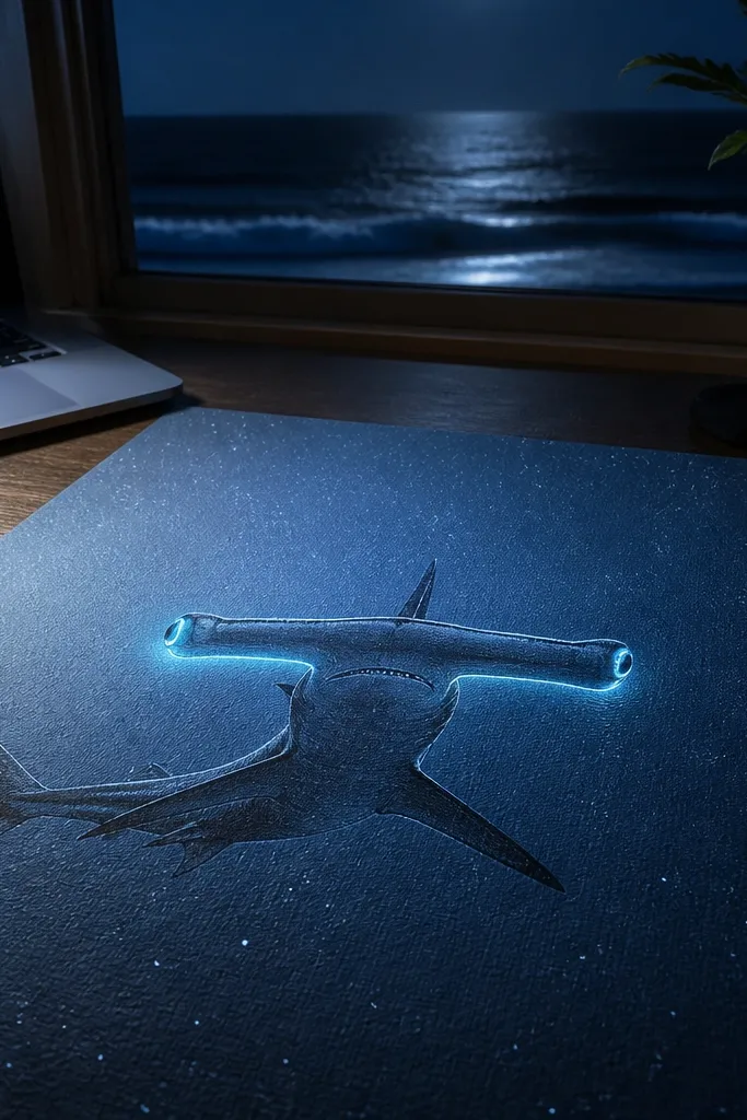 Hammerhead shark against a dark starry background with glowing eye highlights