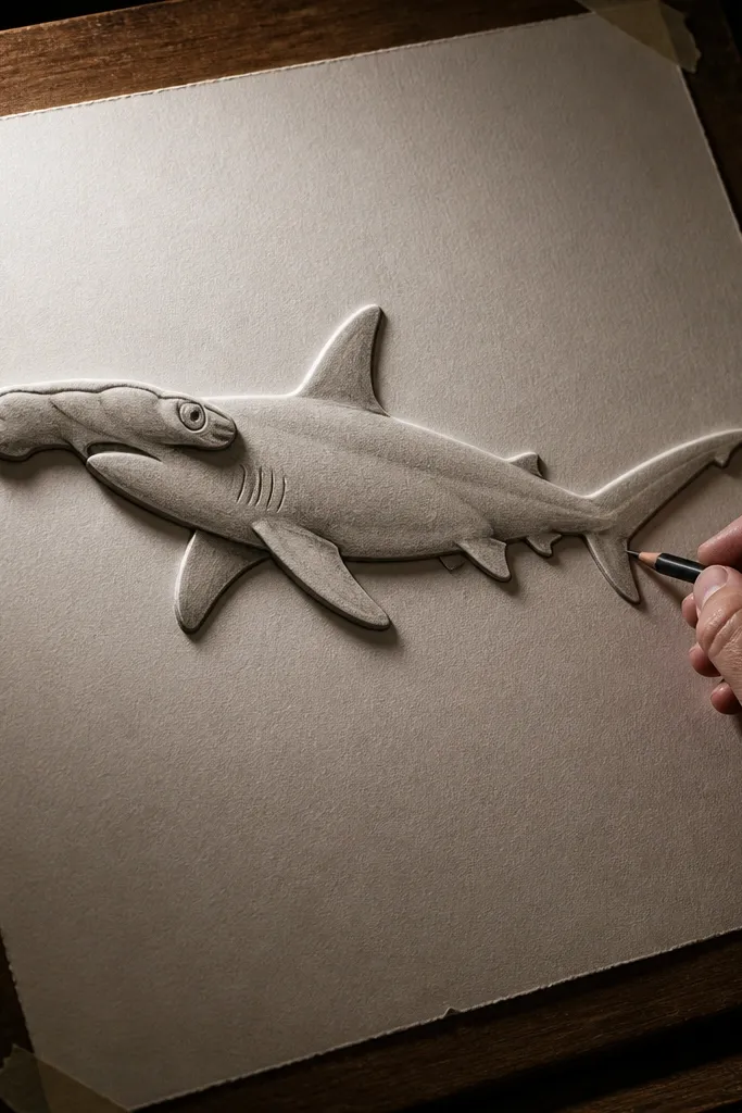 Hammerhead drawing with side lighting, raised feel, and a cast shadow under the head