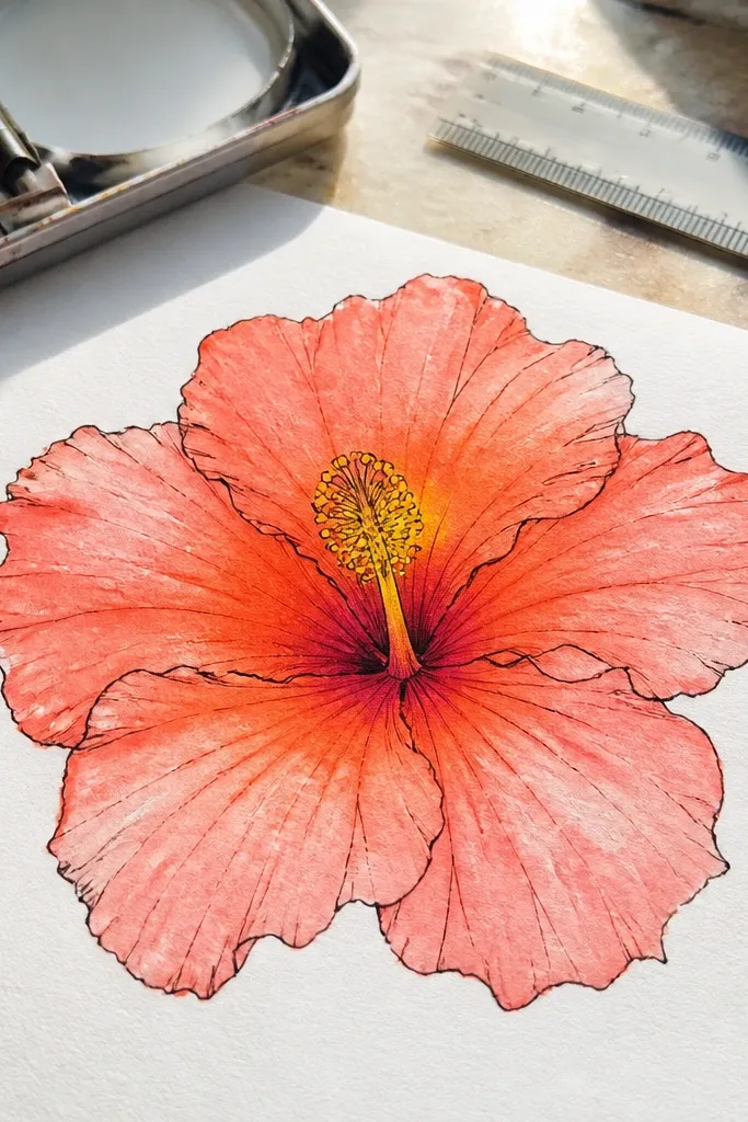 Neon coral hibiscus outlined in black with pale yellow center on white paper