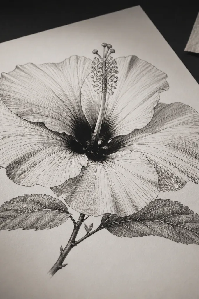 Black-ink hibiscus with strong pen hatching and a very dark flower center