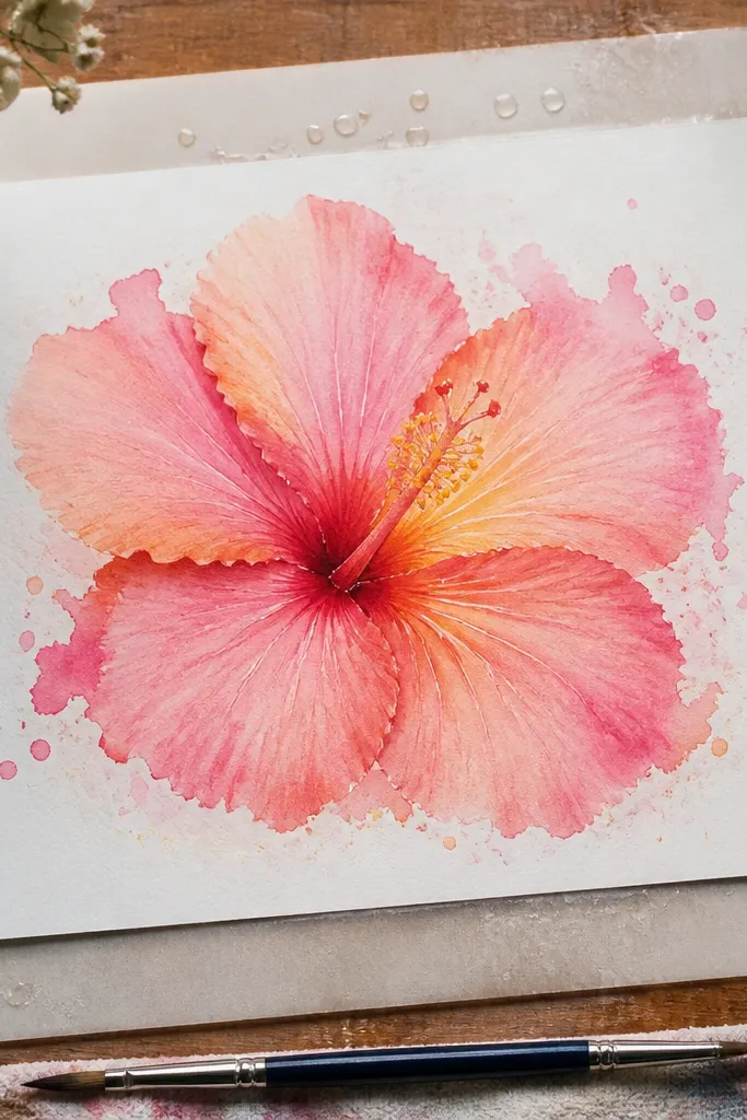 Soft watercolor hibiscus with controlled color blooms and light splashes around it