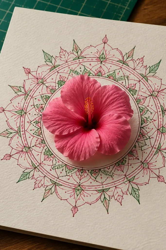 Hibiscus bloom centered inside a symmetrical mandala frame with small repeating patterns