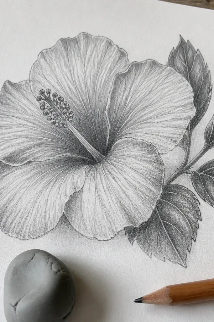 Pencil-drawn hibiscus with smooth shading and bright highlighted petal edges