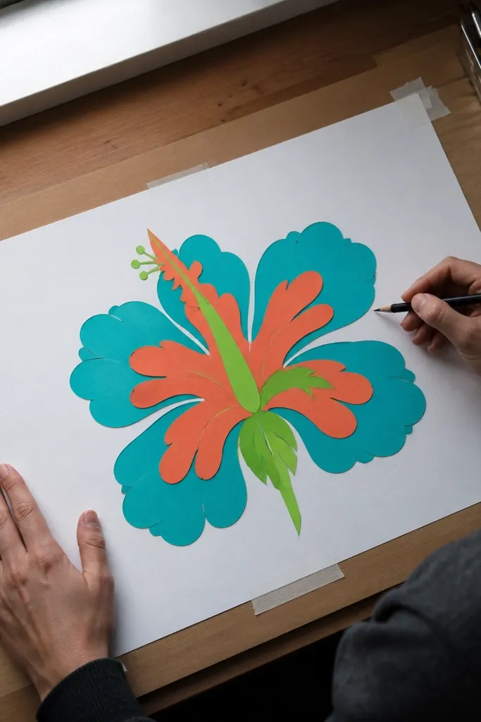 Color-blocked hibiscus silhouette with layered petals and a contrasting center