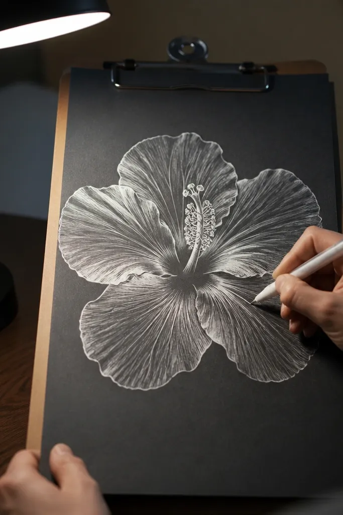 White ink hibiscus petals on dark charcoal background with bright center dots