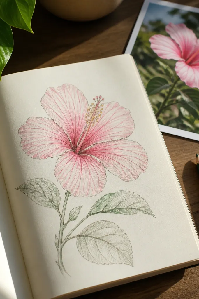 Hibiscus with visible vein lines radiating from petal base and a detailed center