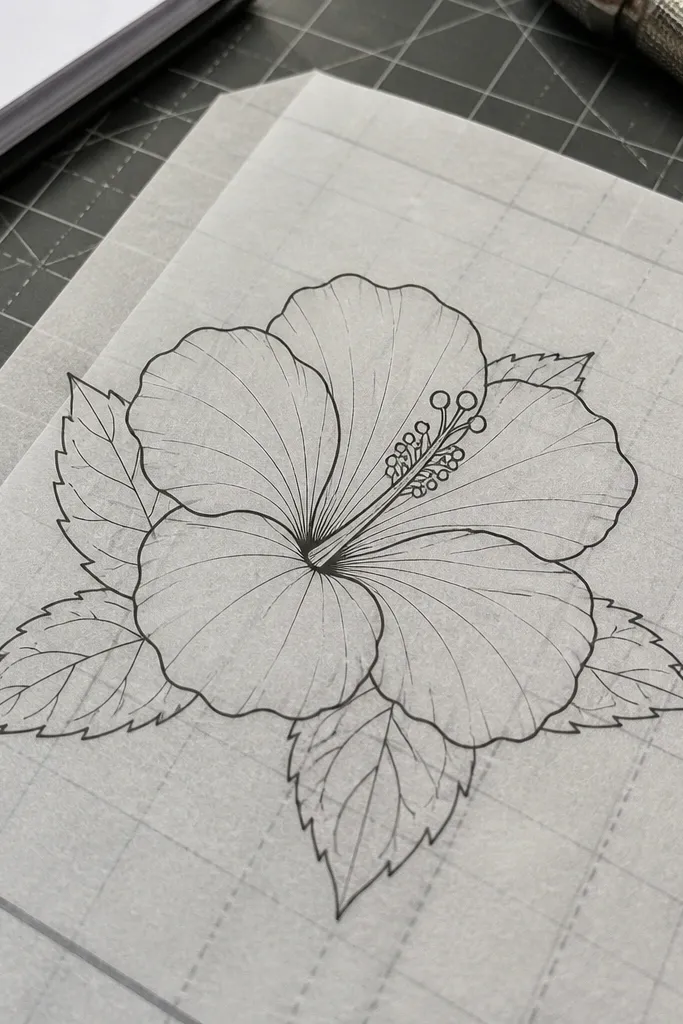 Bold black line hibiscus with crisp stamen lines and simplified petals