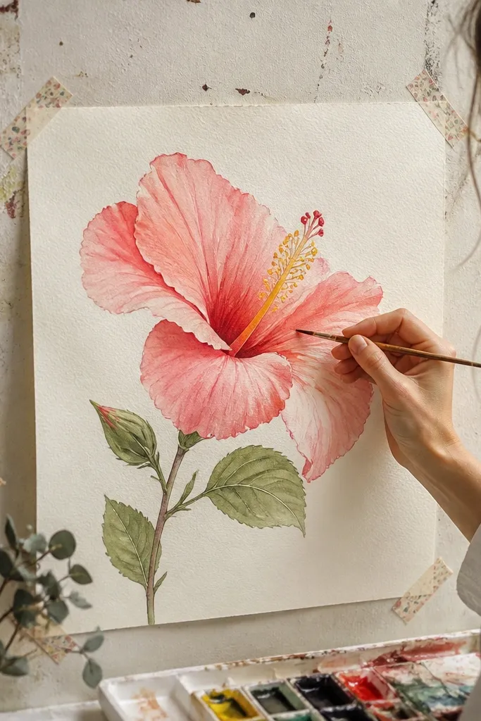 Hibiscus drawn from a slight side angle with one petal turned forward