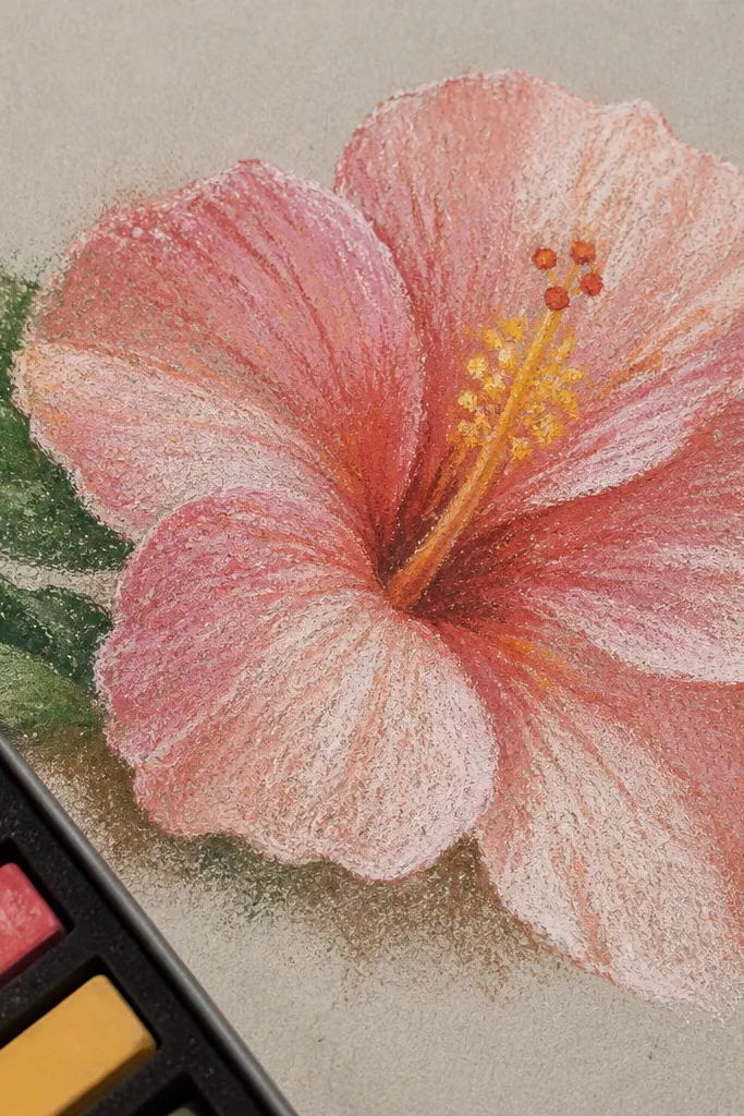 Pastel hibiscus with grainy chalk-like texture and soft color transitions