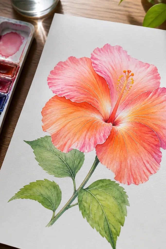 Watercolor hibiscus with smooth petal gradients and bright white gel pen highlights