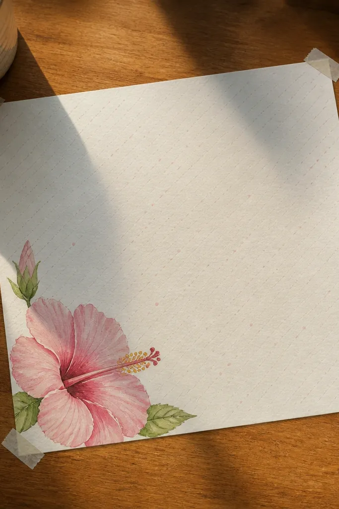 Hibiscus in the corner with light patterned background dots and a clean petal outline