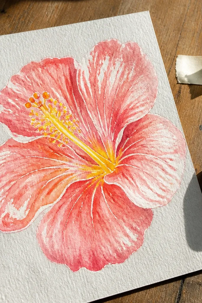 Watercolor hibiscus with bright embossed highlights created by eraser resist