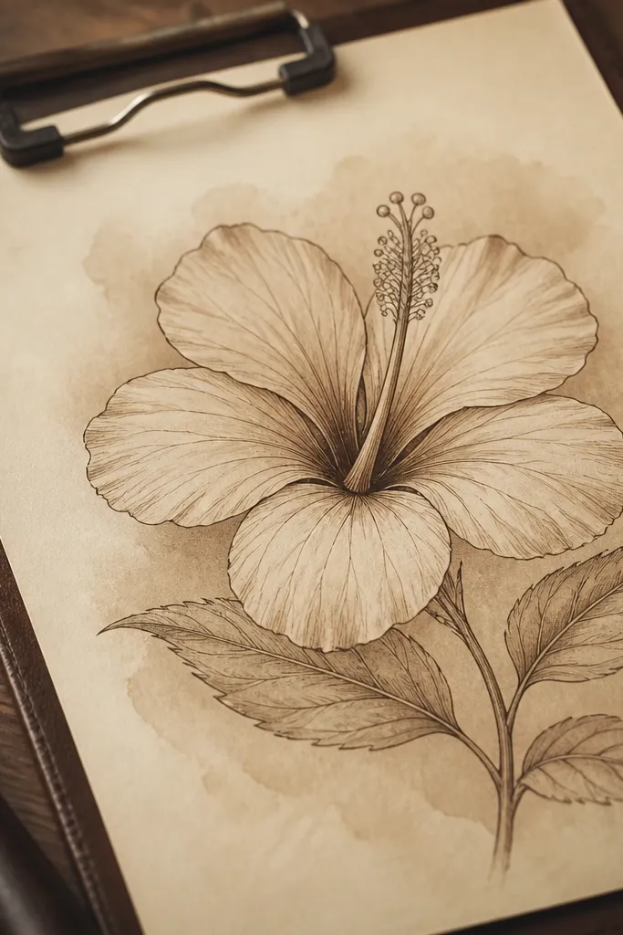 Sepia-toned hibiscus drawing with fine line detail and vintage labeling feel