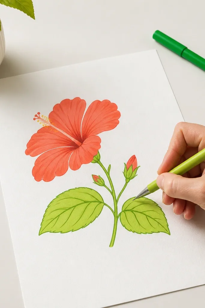 Pink hibiscus with lime green leaves and simple leaf vein lines