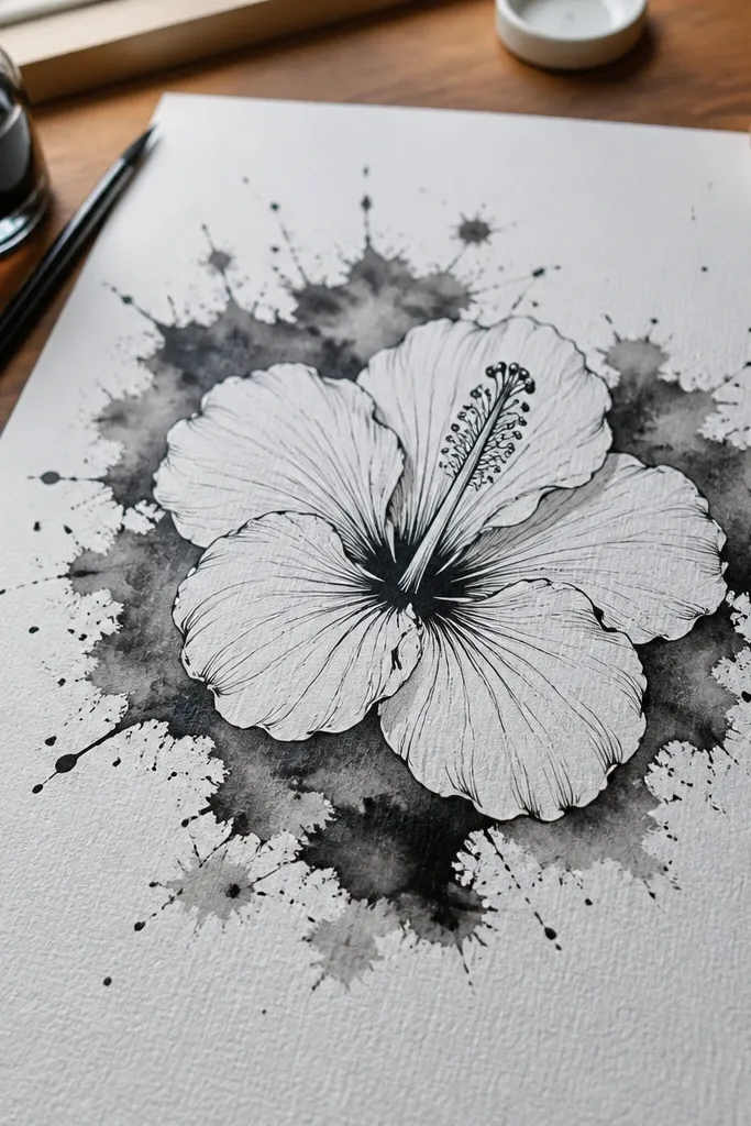 Clean ink hibiscus with bright petals against a dark splattered ink background