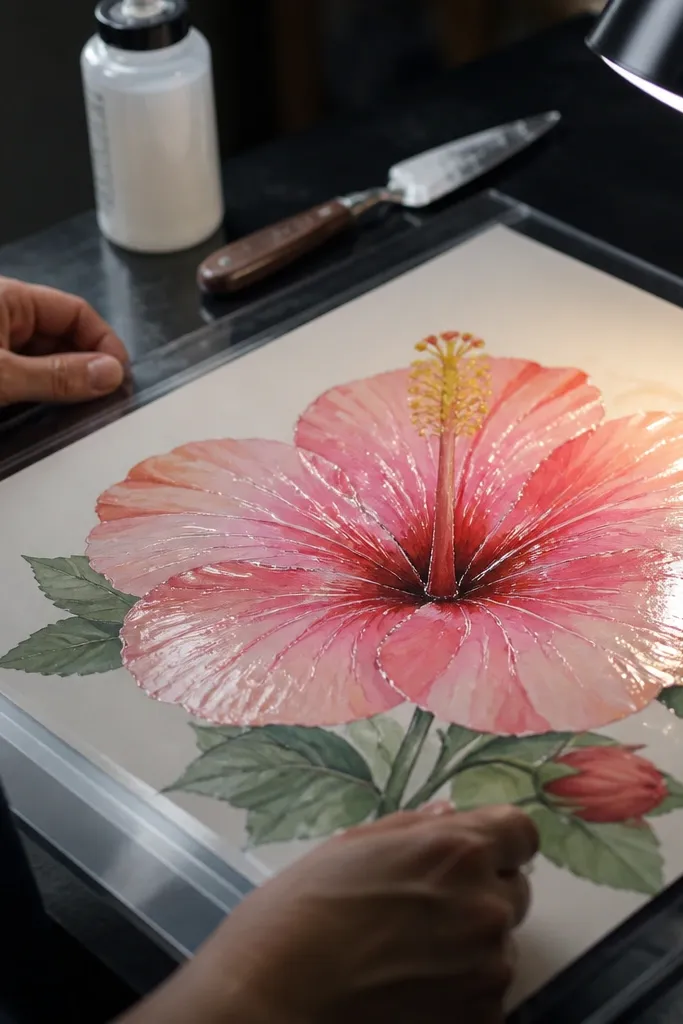 Pink hibiscus with glossy highlights on petals and a bright yellow center